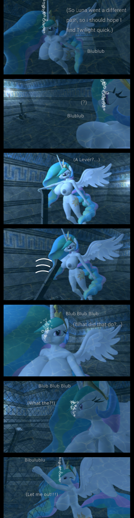 1girl 1girl air_bubbles anthro anthrofied asphyxiation big_breasts breasts bubbles comic completely_nude dialogue drowning fetish friendship_is_magic furry hasbro imminent_death lever my_little_pony navel nipples nude peril pony princess_celestia princess_celestia_(mlp) tail tailscookie text trapped underwater water wings