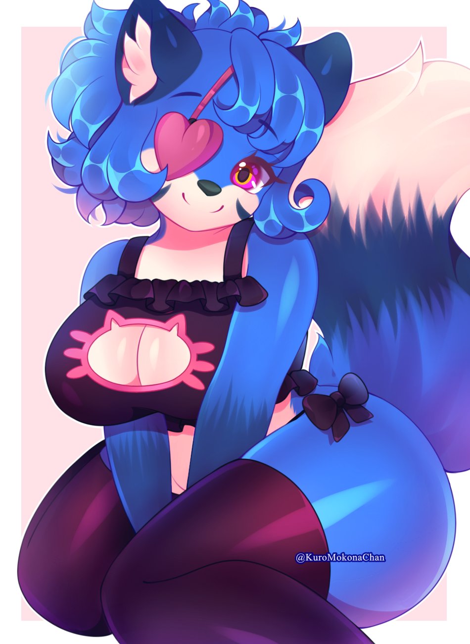 1girl 2018 anthro ass big_ass big_breasts biped blue_fur blue_hair bow_tie breasts canid canine clothed clothing eye_patch eyewear fox fur furry hair heterochromia high_res kuromokonachan lazuli_(doggod.va) legwear lingerie looking_at_viewer mammal multicolored_tail nipples panties purple_eyes signature smile stockings thick_thighs two_tone_eyes underwear white_fur yellow_eyes