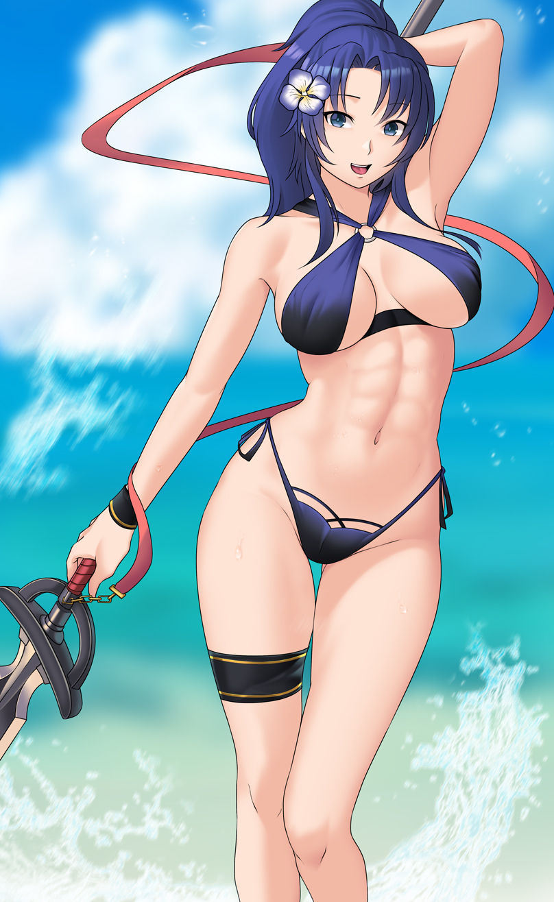 1girl 1girl 1girl alluring arm_behind_head athletic_female bbk_(13zk) bikini blue_bikini blue_eyes blue_hair bracelet breasts bushidokuroi cleavage cloud english_commentary eyebrows_visible_through_hair feet_out_of_frame fire_emblem fire_emblem:_new_mystery_of_the_emblem fire_emblem_heroes fit_female flower gold_trim groin hair_flower hair_ornament halterneck high_res highleg highleg_bikini holding holding_polearm holding_weapon jewelry kris_(fire_emblem) long_hair looking_at_viewer medium_breasts nintendo open_clothes open_mouth polearm ponytail sidelocks smile string_bikini swimsuit thigh_gap thigh_strap thighs vest waves weapon
