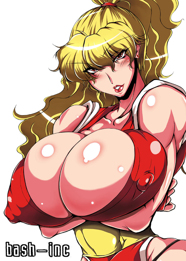 1girl areola areolae bare_shoulders bash-inc blonde_hair breast_hold breasts bursting_breasts capcom cleavage erect_nipples final_fight genryuusai_maki huge_breasts large_areolae long_hair muscle ninja ponytail red_eyes solo