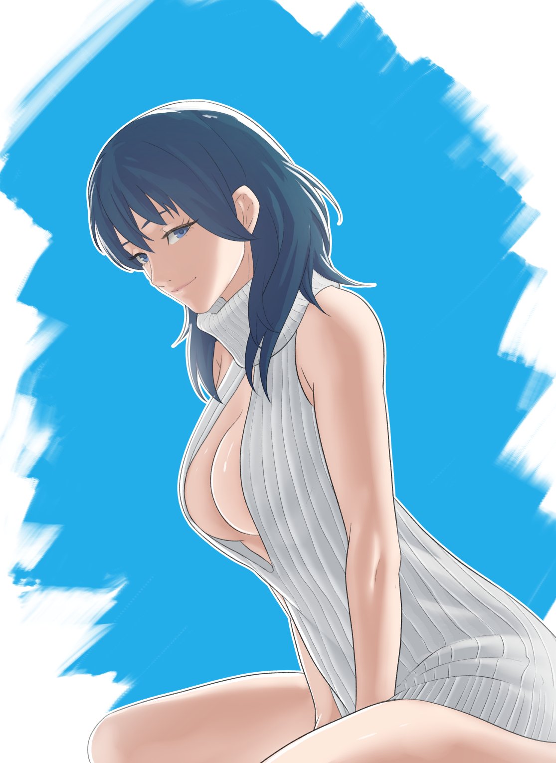 1girl alluring big_breasts blue_eyes breasts byleth_(female) byleth_(fire_emblem) byleth_(fire_emblem)_(female) cleavage female_only fire_emblem fire_emblem:_three_houses looking_at_viewer nintendo pomelomelon smile sweater teal_hair virgin_killer_sweater