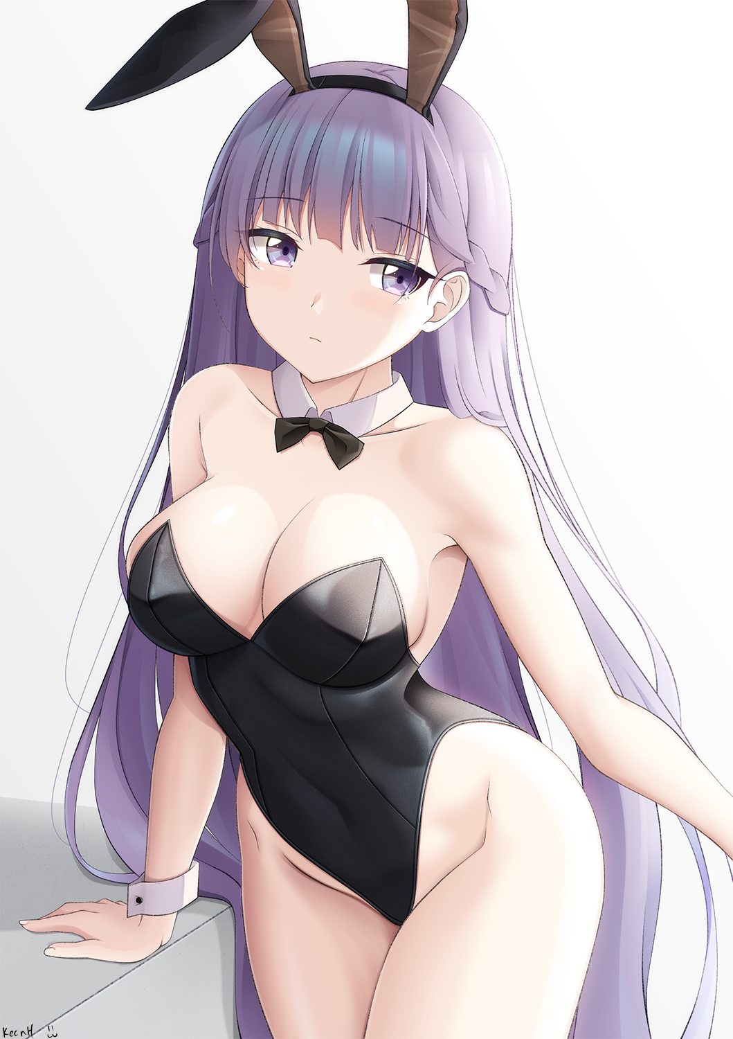1girl alluring animal_ears bare_arms bare_shoulders big_breasts black_leotard bow bowtie braid breasts bunny_ears bunny_girl cleavage collarbone covered_navel cowboy_shot detached_collar fake_animal_ears fire_emblem fire_emblem:_the_binding_blade groin hairband high_res highleg highleg_leotard keenh leotard long_hair looking_at_viewer nintendo no_bra playboy_bunny purple_eyes purple_hair simple_background solo_female sophia_(fire_emblem) standing strapless strapless_leotard thighs very_long_hair white_background wrist_cuffs