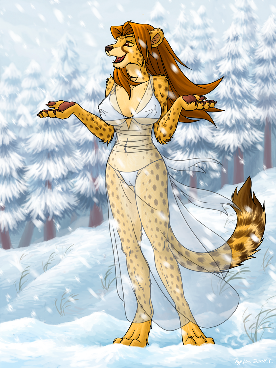 breasts cameltoe cheetah feline female furry hyhlion hyhlion_(artist) i_dunno_lol meow pussy skimpy snow solo translucent transparent_clothing