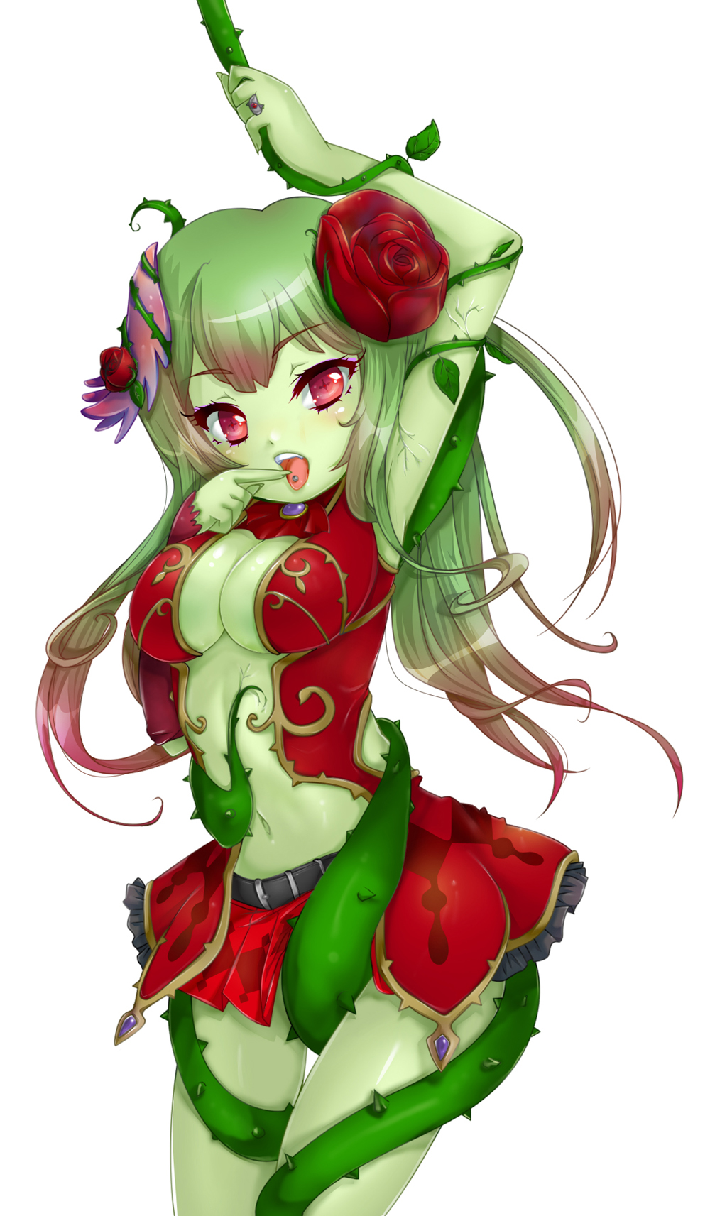 alarune belt big_breasts european_mythology long_hair looking_at_viewer miniskirt monotone_eyebrows monster_girl monster_girl_(genre) navel not_furry original plant_humanoid pointing_at_self red_eyes red_flower reni reni_(artist) ring rose rose_(flower) tongue_out tongue_stud translucent translucent_hair two_tone_hair vines