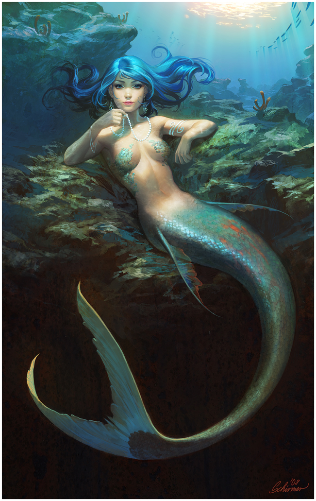 2008 blue_hair copyright_request jana_schirmer janaschi jewelry mermaid monster_girl realistic scales solo underwater water