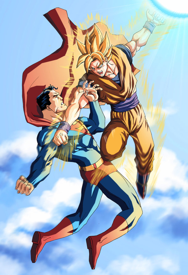 2boys bara battle cape clothed crossover dc dc_comics dragon_ball dragon_ball_z flying human male_focus male_only mikemaluk multiple_boys muscle non-nude not_porn son_goku super_saiyan superman superman_(series)