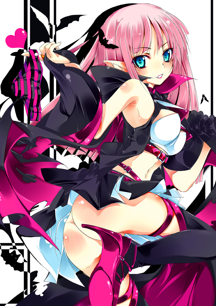 1girl ass bad_id bat blue_eyes demon_girl gloves heart high_heels holding holding_panties long_hair looking_back navel original original_character panties pink_hair pointy_ears shirokitsune shoes solo stockings striped striped_panties succubus thighhighs torn_clothes underwear