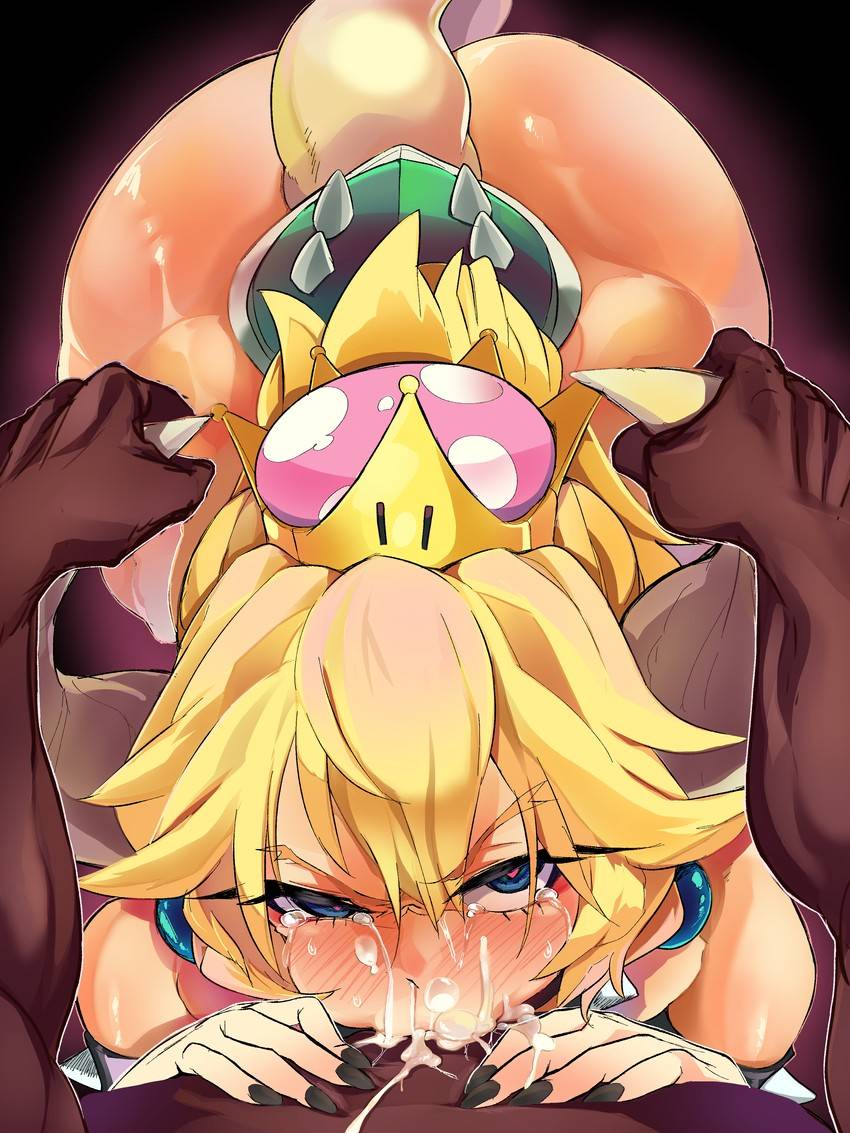 1boy 1girl absurdres armlet ass bangs big_breasts black_nails blonde_hair blue_eyes blush bowsette breasts crown cum cum_in_mouth cum_in_nose cum_out_nose curvy dark-skinned_male dark_skin deepthroat earrings eyebrows_visible_through_hair facial fellatio grabbing hair_between_eyes heart heart-shaped_pupils hetero highres horn_grab horns huge_ass interracial irrumatio jewelry looking_at_viewer mario_(series) masturbation nail_polish new_super_mario_bros._u_deluxe nintendo nose_blush nude oral overflow ponytail pov rape saliva shiny shiny_skin simple_background spiked_shell spiked_tail spikes super_crown sweat symbol-shaped_pupils tail tears top-down_bottom-up turtle_shell uncensored wwwazxc