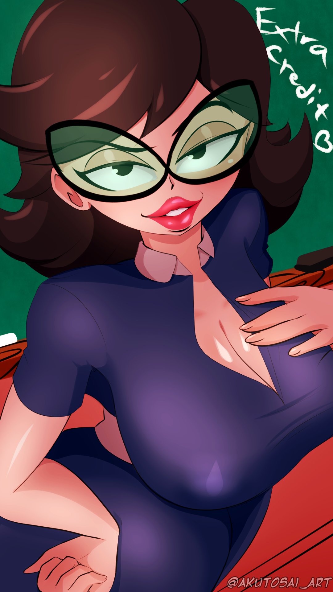 1girl akutosai_art big_breasts big_lips black_eyes black_glasses breasts brown_hair cartoon_network cleavage dress eleanor_butterbean eyewear female female_only glasses hair hand_on_breast huge_breasts lips lipstick looking_at_viewer mature mature_female mature_woman pink_lips pink_lipstick plump_lips solo solo_female teacher the_grim_adventures_of_billy_and_mandy thick_lips