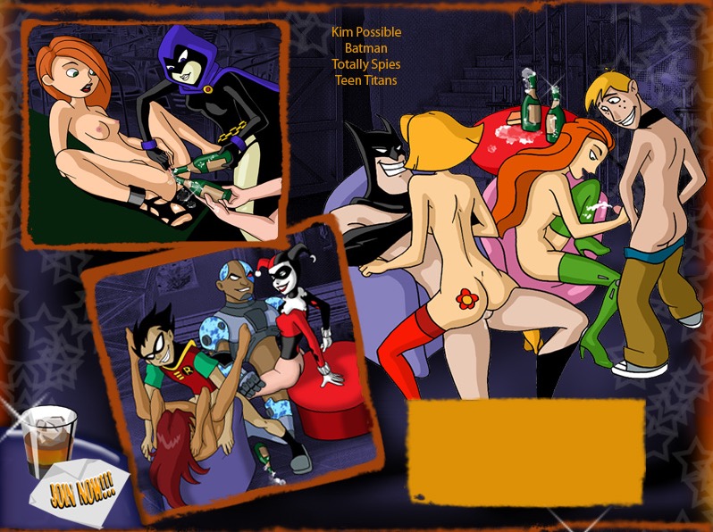 batman batman:_the_animated_series batman_(series) black_hole_sun blonde_hair boots champagne clover_(totally_spies) crossover cyborg dark-skinned_male dark_skin dc_comics dcau disney harley_quinn interracial kim_possible kimberly_ann_possible mask orgy raven_(dc) red_hair redhead robin ron_stoppable sam_(totally_spies) starfire stockings teen_titans totally_spies