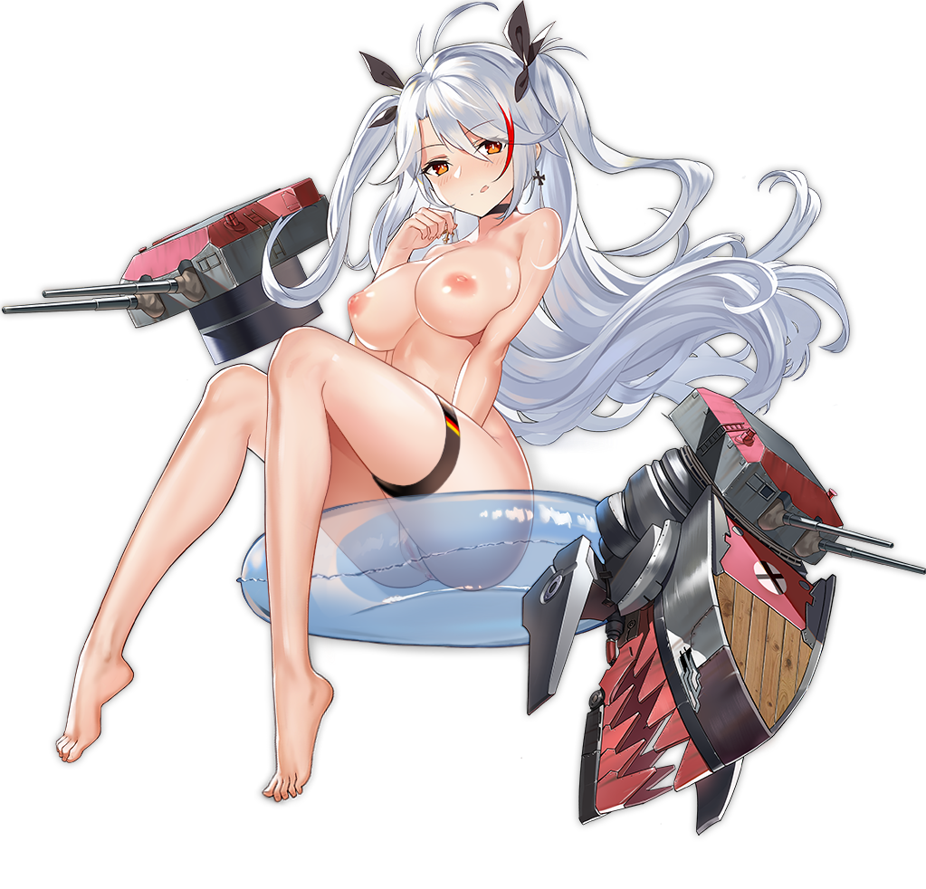 1girl 1girl 1girl :q azur_lane barefoot big_breasts black_choker blue_innertube breasts choker cleavage earrings feet flag_print full_body game_cg innertube iron_cross jewelry long_hair looking_at_viewer machinery mr_cloud multicolored_hair navel nipples nude_filter orange_eyes prinz_eugen_(azur_lane) prinz_eugen_(unfading_smile)_(azur_lane) pussy simple_background sitting tachi-e third-party_edit toes tongue tongue_out transparent_background turret two-tone_hair two_side_up uncensored white_hair yunsang