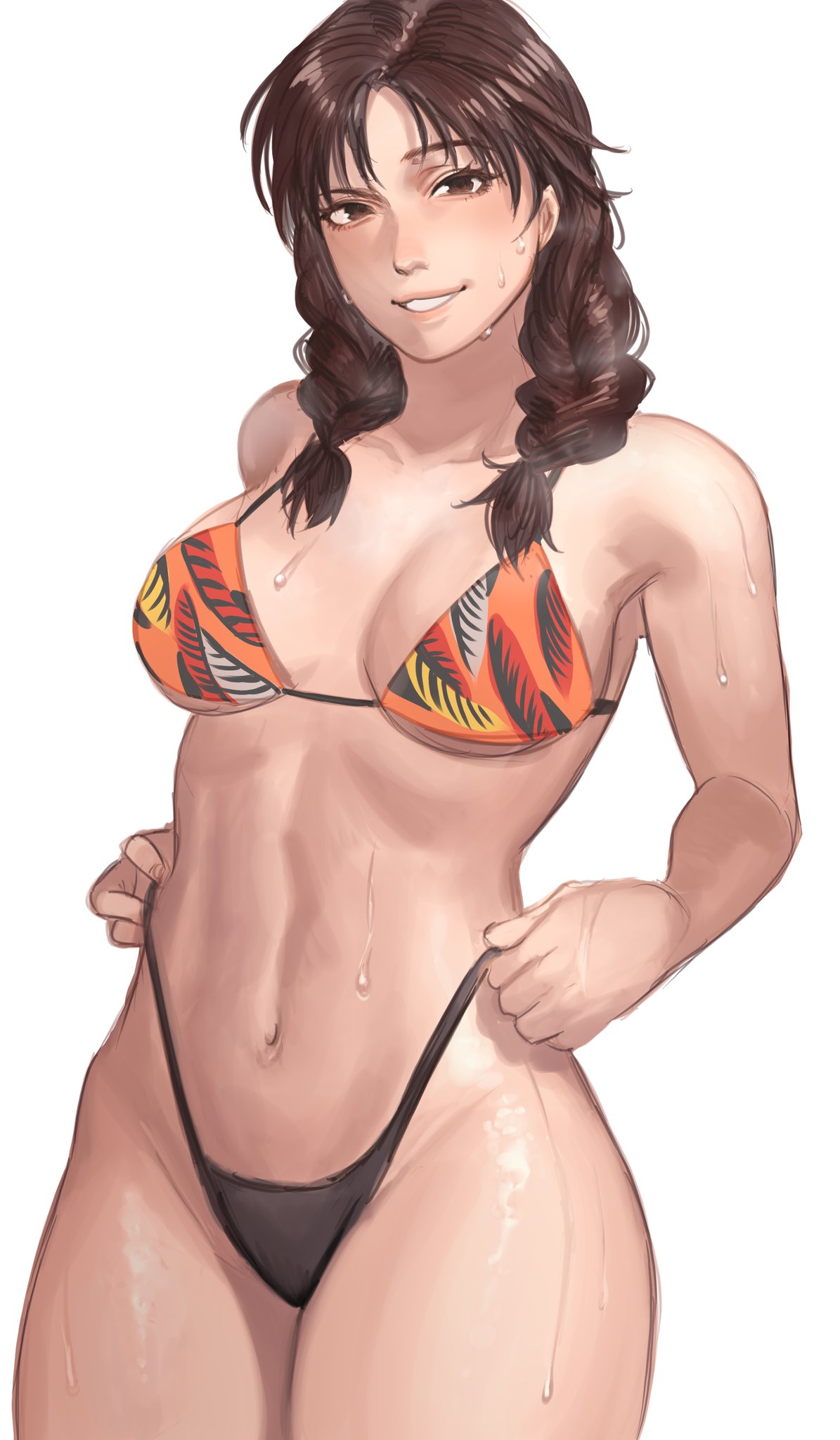 1girl abs adjusting_clothes adjusting_swimsuit alluring bikini braid breasts brown_eyes brown_hair commentary female_abs female_only hair_over_shoulder hanny_(uirusu_chan) high_res highleg highleg_bikini julia_chang legs_together lips looking_at_viewer medium_breasts medium_hair mismatched_bikini namco navel print_bikini pulled_by_self smirk solo_female standing swimsuit symbol_commentary tekken thick_thighs thighs toned twin_braids wet