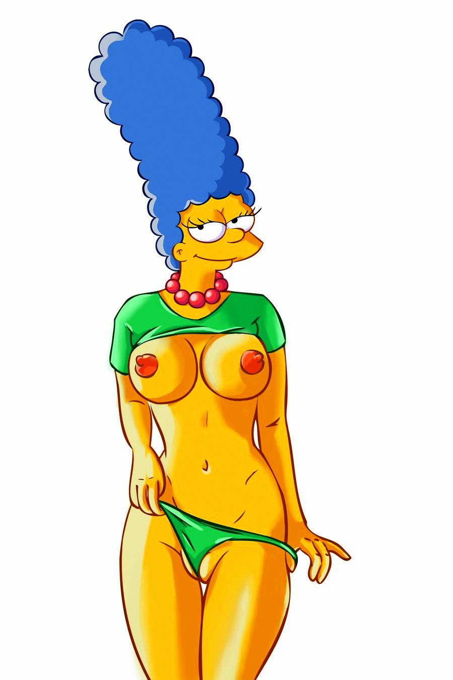 blue_hair green_panties green_top marge_simpson pearls the_simpsons white_background yellow_skin