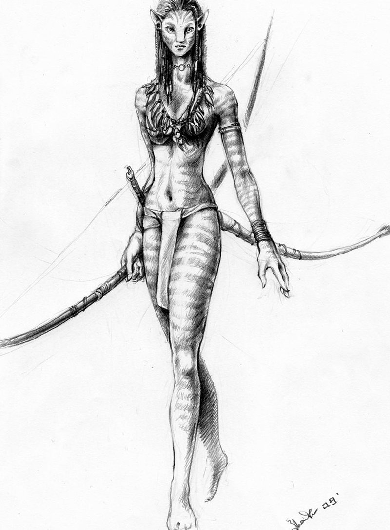 1_alien 1_female 1_girl 2009 alien avatar avatar_(movie) black_hair bow breasts female female_alien female_na'vi front_view hair james_cameron's_avatar justinian84 long_hair looking_at_viewer monochrome na'vi navel neytiri small_breasts solo standing tail weapon