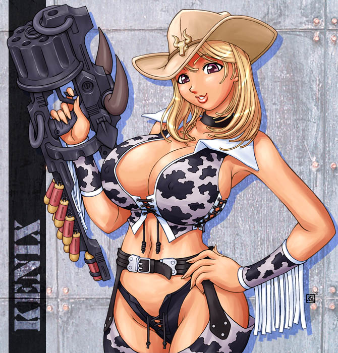 1girl ammunition armpits big_breasts blonde_hair breasts bullets chaps cleavage cleavage_cutout collar cow_print cowboy_hat cowboy_shot cowgirl dixie_clemets female_only fringe front-tie_top garter_belt gun hair halter_top halterneck hat headgear horns horny huge_breasts kenix kissylips lipstick navel pussy red_eyes rumble_roses solo solo_female thighhighs weapon western