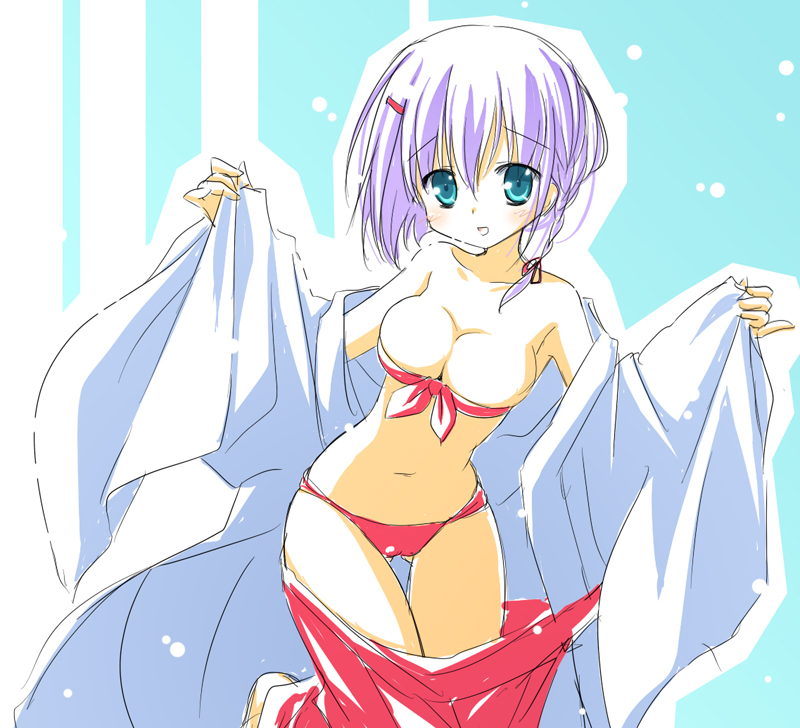 1girl :o bandeau bare_shoulders bikini blush braid breasts bursting_breasts cleavage collarbone front-tie_top green_eyes haruki_miharu japanese_clothes master_x_remaster masterÃ—re:master masterÃ£â€”re:master miko navel off_shoulder purple_hair short_hair silver_bullet solo strapless swimsuit swimsuit_under_clothes thigh_gap tubetop undressing yuyi