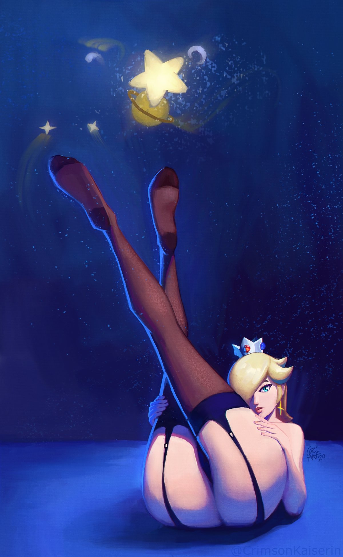 1_girl 1girl 2020 ass crossed_legs crown earrings female female_human female_only garter_straps hair_over_one_eye human legs_up looking_at_viewer lying lying_on_back mostly_nude no_panties princess_rosalina rosalina royalty solo star_earrings stockings super_mario_bros.