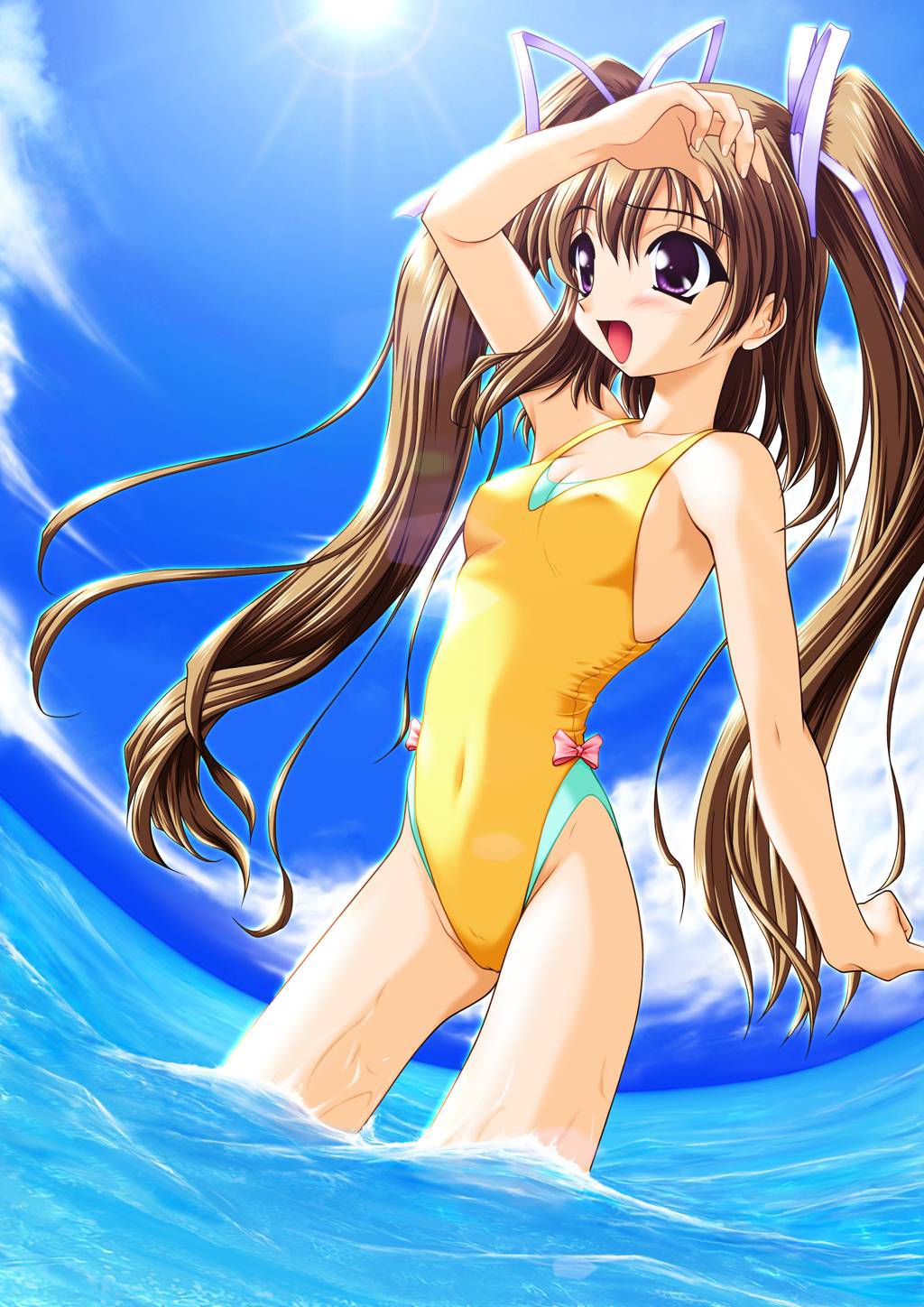 1girl aizawa_tomomi artist_request beach blush bow breasts casual_one-piece_swimsuit cloud covered_nipples day fisheye hair_ribbon lens_flare long_hair navel ocean one-piece_swimsuit outdoors pia_carrot_(series) pia_carrot_e_youkoso!! purple_eyes ribbon shading_eyes sky small_breasts smile solo sun swimsuit twintails very_long_hair wading water wet