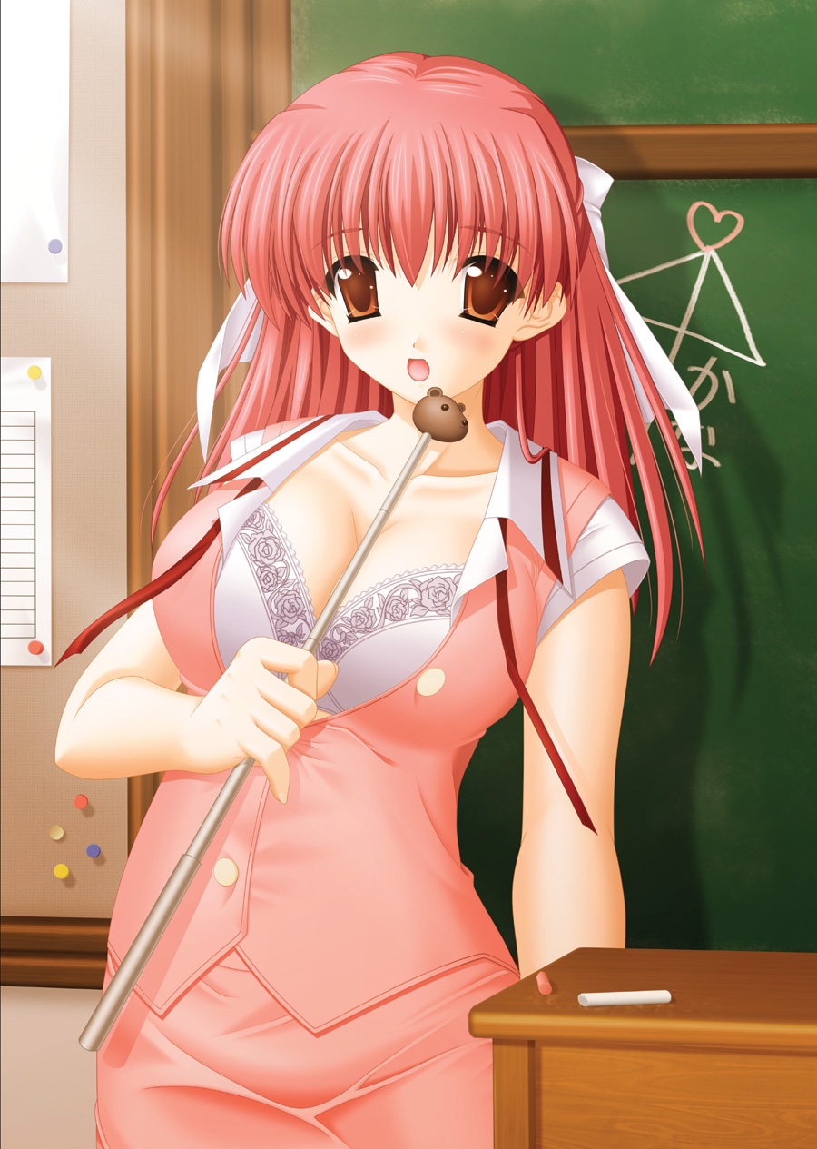 ai_ai_gasa artist_request bangs blush board bow bra breasts brown_eyes chalk chalkboard character_request classroom cleavage contrapposto desk hair_bow hentai highres indoors lace-trimmed_bra large_breasts open_mouth pink_hair smile solo source_request standing table teacher underwear vest