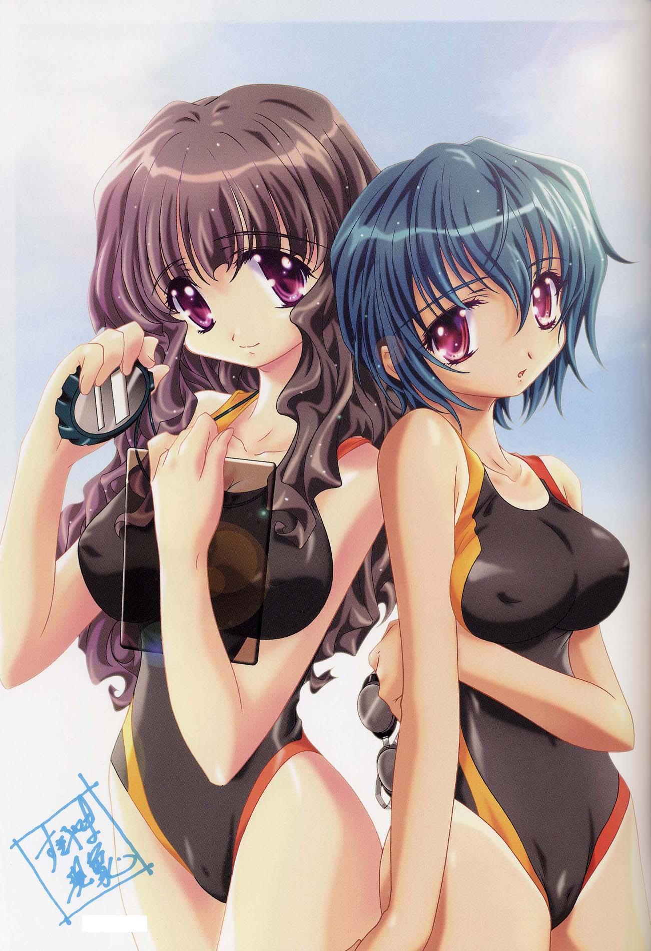 2_girls :o absurdres back-to-back bangs big_breasts black_hair blue_hair breasts cameltoe clipboard cloud competition_swimsuit covered_nipples day goggles gradient_hair hair_between_eyes highres holding lens_flare long_hair looking_at_viewer maple_colors multicolored_hair multiple_girls one-piece_swimsuit one-piece_tan open_mouth outside pink_eyes purple_eyes purple_hair sakamoto_kanako scan scan_artifacts shiny shiny_hair short_hair sidelocks skin_tight sky smile standing stopwatch sugiyama_genshou suzuhara_sora swimsuit tan tan_line transparent watch wavy_hair