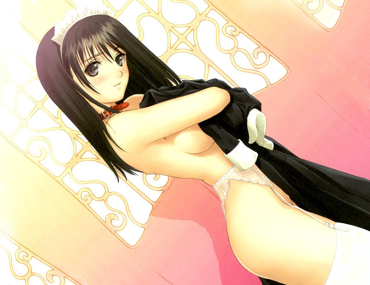 1girl bangs belt_collar black_dress black_eyes black_hair blush breasts closed_mouth clothes_in_front collar covering cowboy_shot dress dutch_angle from_side garter_belt genmukan head_tilt holding holding_clothes lingerie long_hair maid maid_headdress medium_breasts nude see-through sideboob smile solo thighhighs tony_taka underwear wallpaper_forced watase_nozomi white_thighhighs