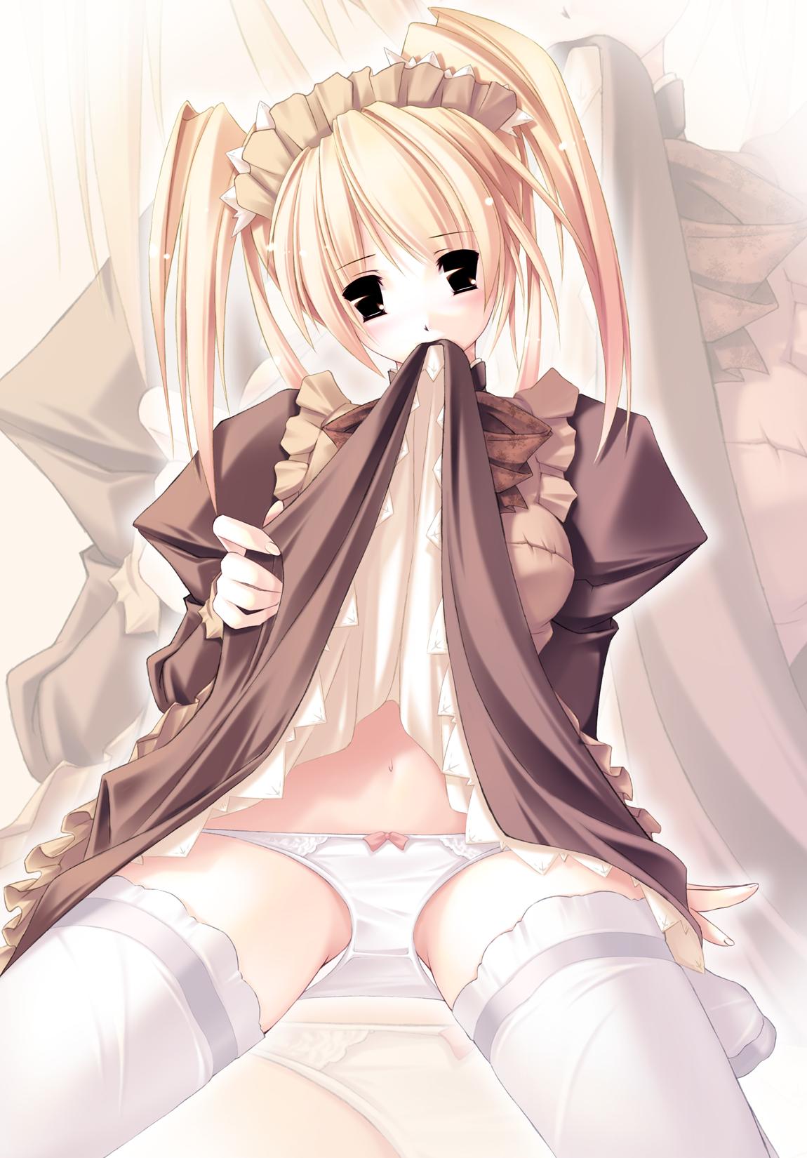 1girl apron artist_request bow bow_panties breasts brown_apron brown_dress clothes_lift curly_sue dress dress_lift fingernails headdress hentai highres juliet_sleeves kafra long_hair long_sleeves looking_at_viewer maid maid_apron maid_headdress medium_breasts mouth_hold panties pink_bow puffy_sleeves ragnarok_online skirt skirt_lift solo thighhighs twintails underwear white_legwear white_panties white_thighhighs zoom_layer