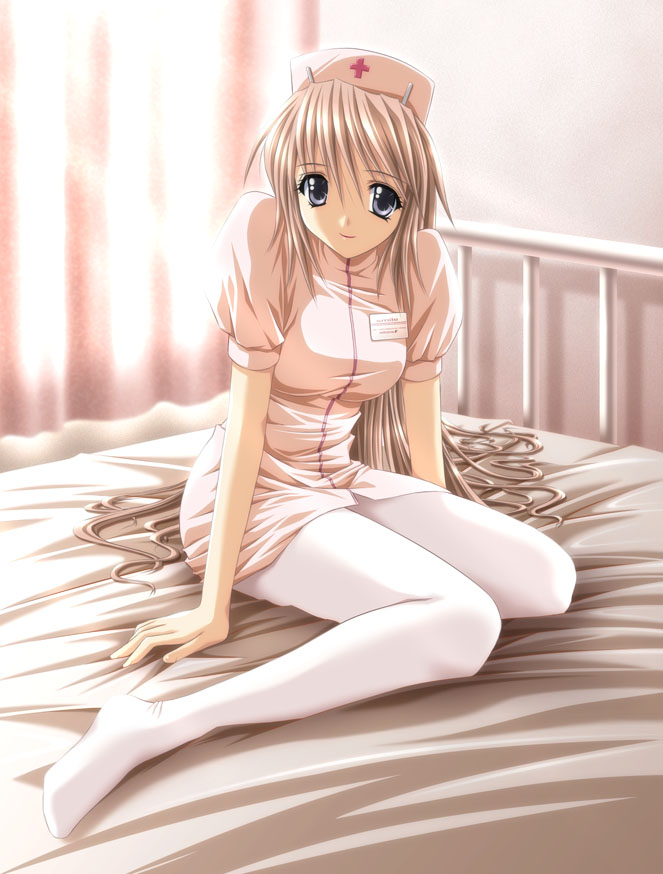 1girl bed duplicate hentai nurse original pantyhose posted_three_times shiragi smile solo