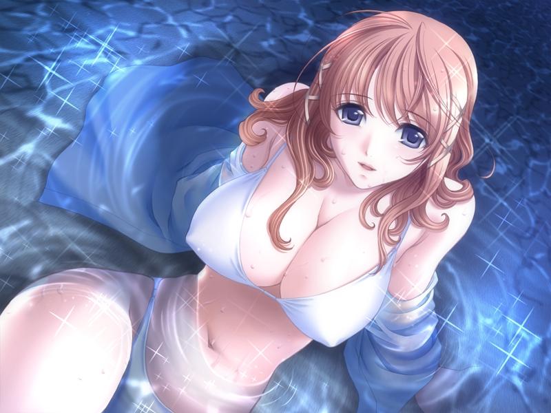 1girl 4:3_aspect_ratio 7_online bikini bikini_under_clothes blue_eyes breasts brown_hair cg_art cleavage clothing dutch_angle erect_nipples erect_nipples_under_clothes female g.j? game_cg hair_ornament hairclip huge_breasts large_breasts long_hair looking_up monnbrun nagaregawa_kohane navel night nipples off_shoulder open_clothes open_shirt orange_hair partially_submerged reclining sano_toshihide shichinin_no_online_gamers shirt sitting smile solo sparkle submerged swimsuit swimsuit_under_clothes viewed_from_above wading water wavy_hair wet wet_clothes white_bikini white_swimsuit
