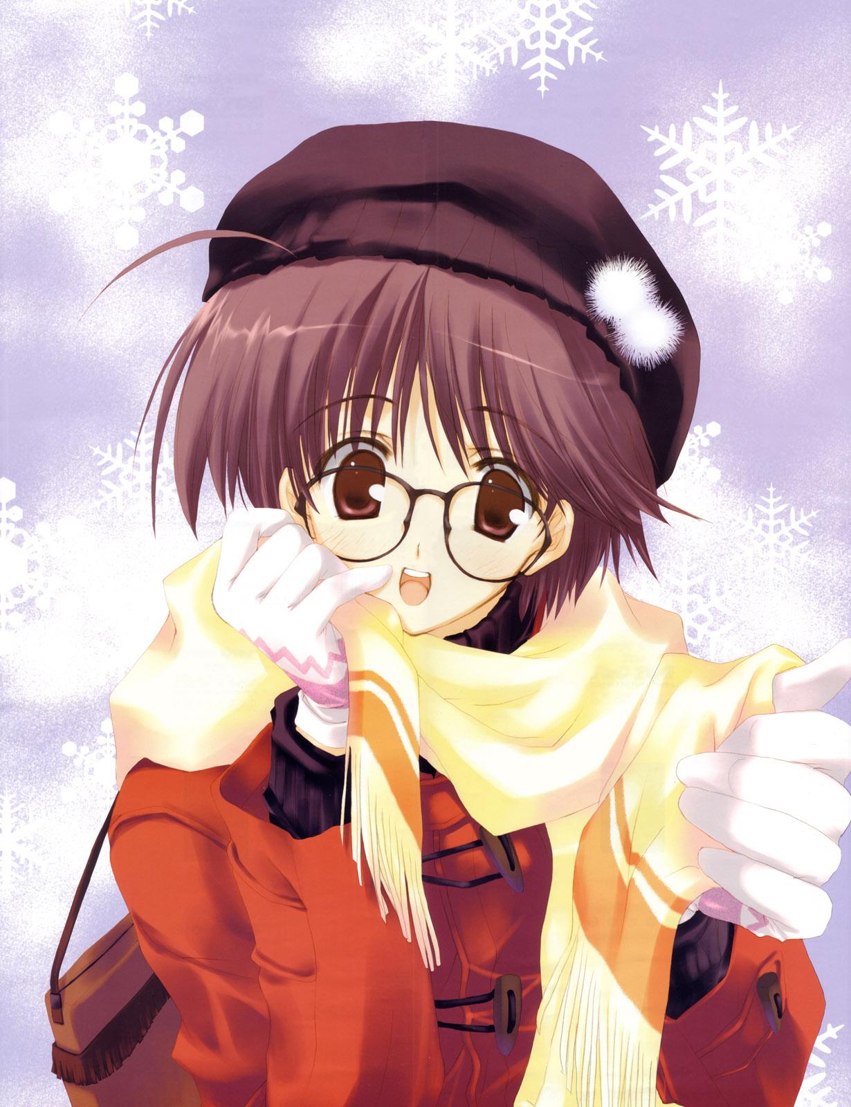 brown_eyes brown_hair clothing gloves high_resolution megane mitsumi_misato original scan scarf snow snowflakes