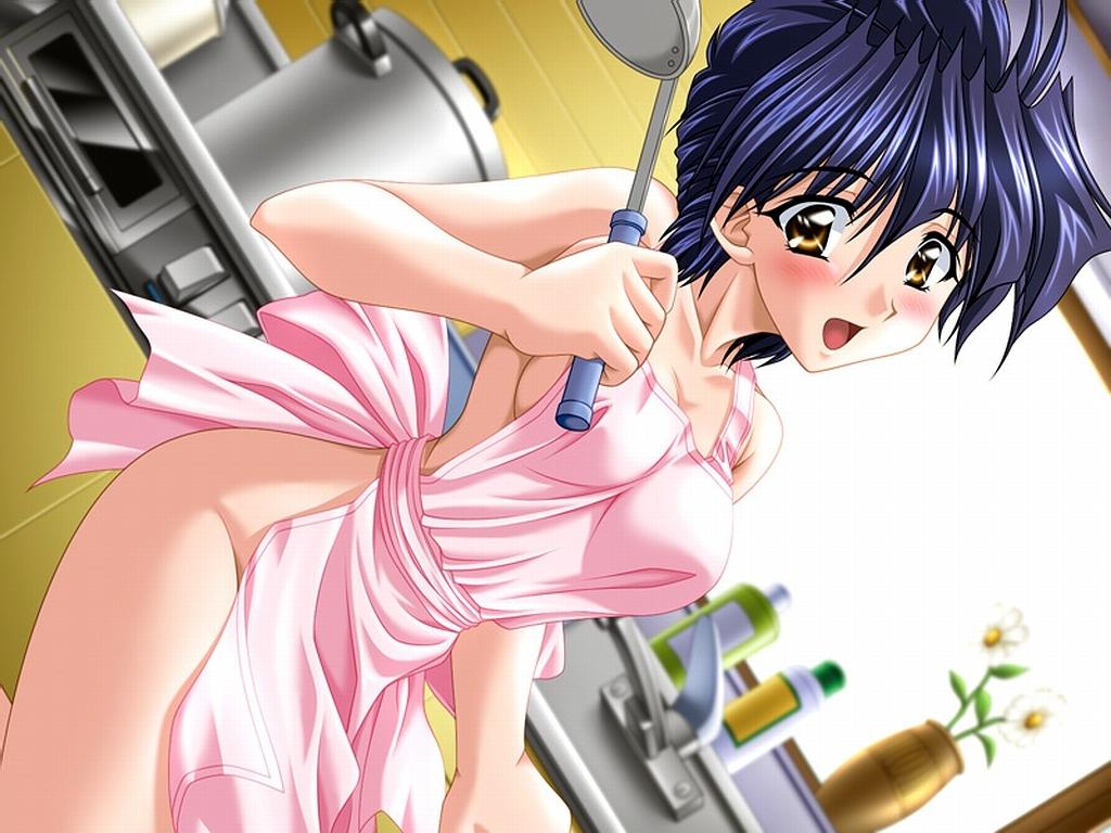 apron_only artist_request big_breasts character_request copyright_request gold_eyes kitchen short_hair smiling_at_viewer