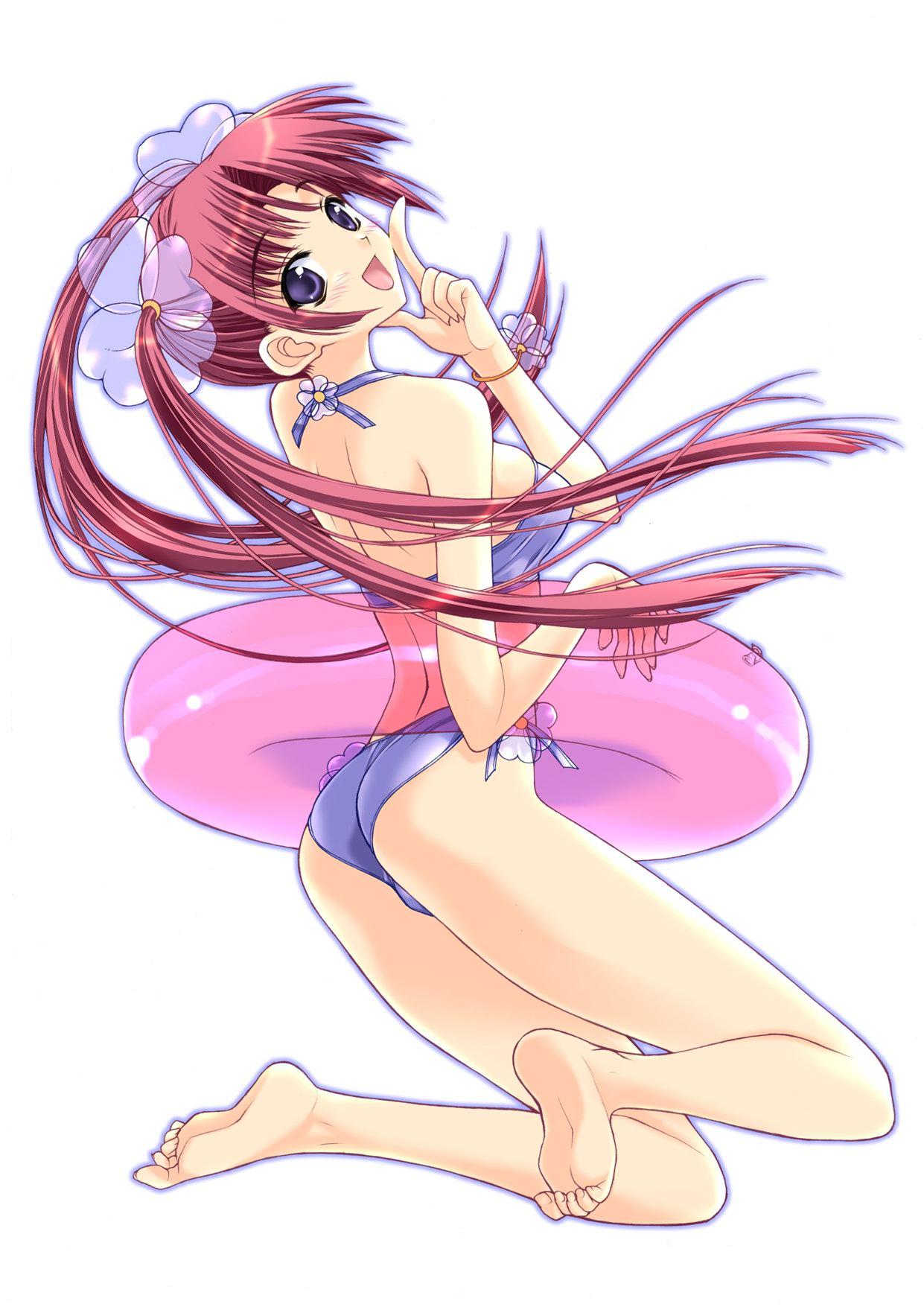 1girl ass barefoot bikini blue_eyes blush copyright_request feet floating_tire flower heart hentai highres innertube long_hair looking_back pink_hair pointing purple_eyes red_hair see-through soles solo suzuhira_hiro swimsuit toe_scrunch toenails toes twintails very_long_hair