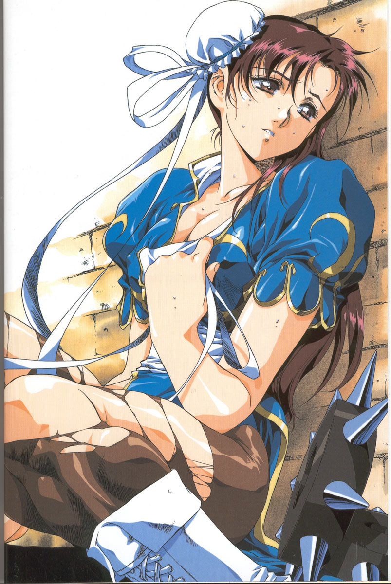 1girl bracelet breasts bun_cover capcom china_dress chinese_clothes chun-li cleavage dress hentai highres jewelry pantyhose scan short_hair solo spiked_bracelet spikes street_fighter streetfighter sweat torn_clothes torn_pantyhose urushihara_satoshi