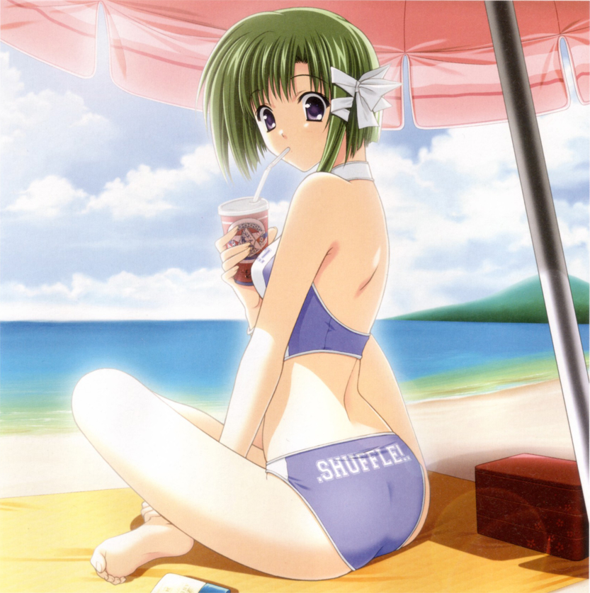 1girl ass asymmetrical_hair back bangs barefoot beach beach_towel beach_umbrella blue_eyes bow bracelet breasts closed_mouth cloud completely_nude cup day drink drinking drinking_straw feet from_side full_body green_hair hair_bow hair_ribbon hill holding holding_cup holding_own_foot indian_style jewelry lens_flare looking_at_viewer looking_back lotion nipples nude nude_filter ocean official_art outdoors parted_bangs public_indecency public_nudity ribbon scan scan_artifacts shade shigure_asa short_hair_with_long_locks shuffle! sidelocks sitting sky small_breasts soles solo star_(symbol) sun sunscreen suzuhira_hiro third-party_edit toe_scrunch towel tress_ribbon umbrella under_umbrella water white_bow white_ribbon