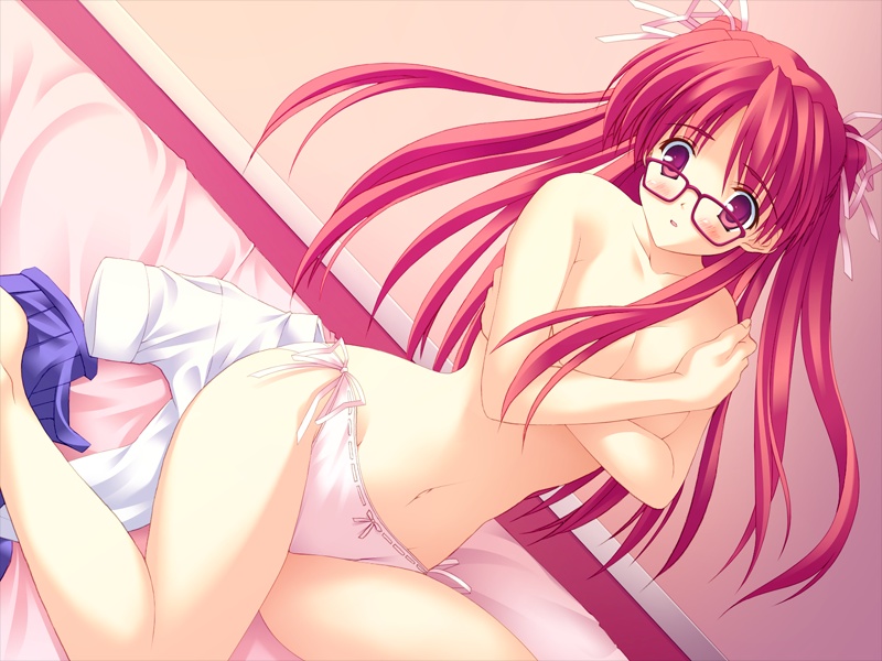 bed blush breasts cleavage covering glasses hentai panties school school_uniform schoolgirl sitting underwear