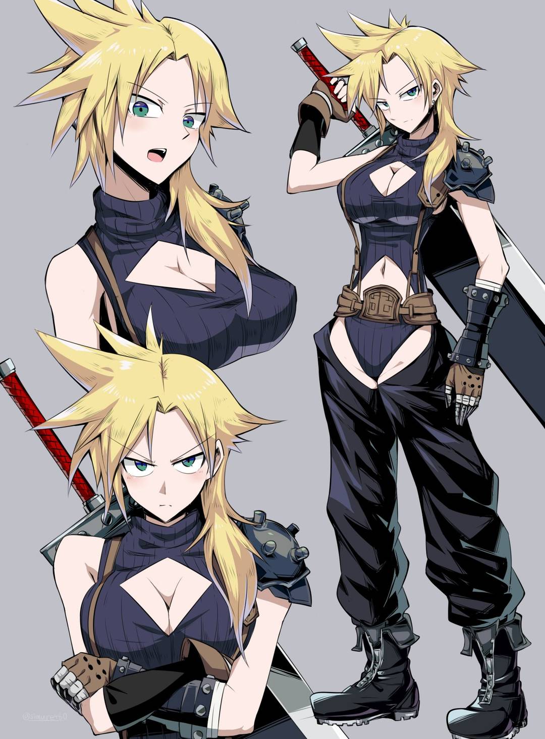 1girl blonde_hair boots breasts cleavage_cutout cloud_strife final_fantasy_vii gender_bender genderswap outfit ponytail serious spiked_hair sword thunder_head video_games