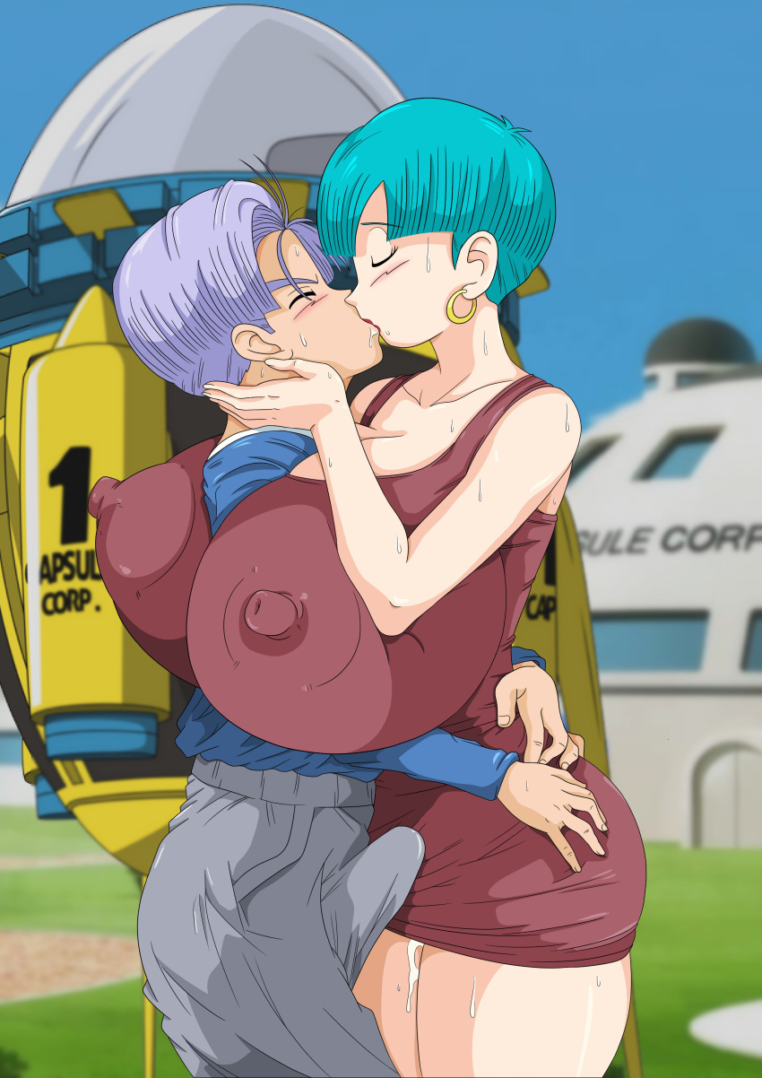 big_breasts bulma bulma_brief dragon_ball_z erection huge_breasts incest kissing massive_breasts mother's_duty mother_&amp;_son toshiso_(artist) trunks_briefs
