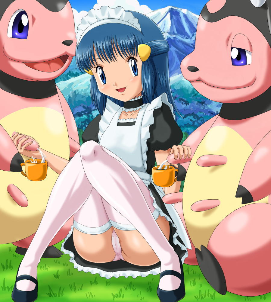 ass blue_eyes blue_hair clothed cosplay dawn dawn_(pokemon) dress female female_human hikari_(pokemon) knees_together_ankles_apart looking_at_viewer maid maid_apron maid_headdress maid_outfit maid_uniform milk milking miltank outfit panties pokemon sitting soara stockings upskirt