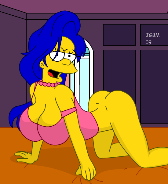 ass blue_hair bottomless breasts huge_breasts jgbm marge_simpson pearls the_simpsons yellow_skin