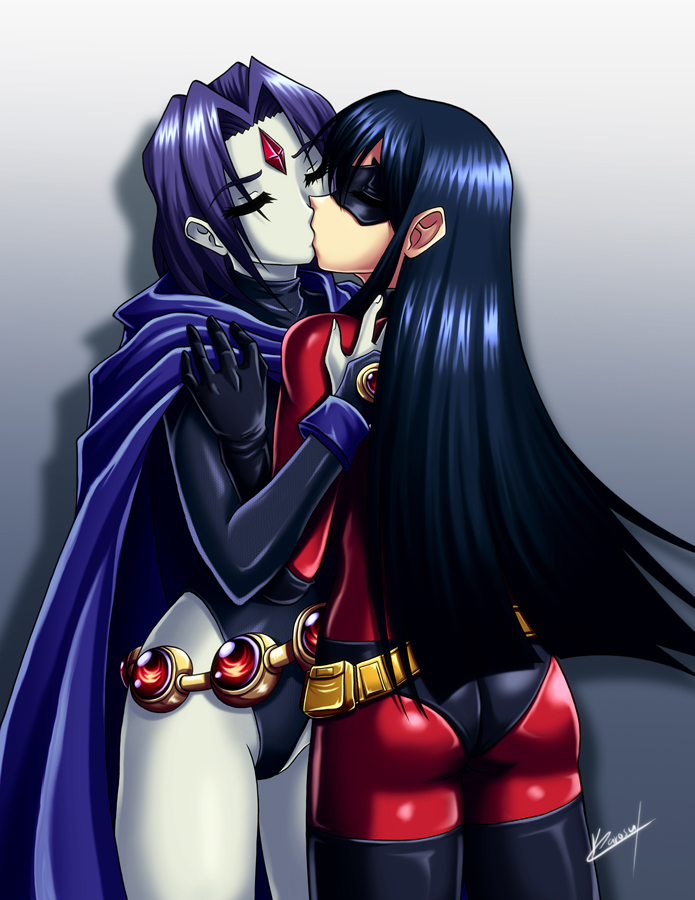 cape crossover dc_comics female_only kissing raven_(dc) spandex teen teen_titans the_incredibles violet_parr young yuri