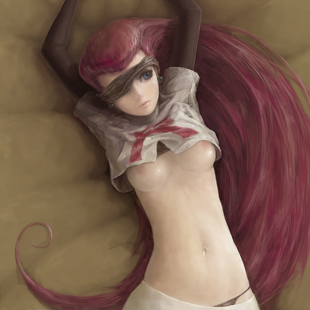 1girl arm_up arms_up big_breasts blindfold blue_eyes breasts clothes_writing crop_top earring earrings elbow_gloves face female flapper_shirt game_freak gloves huge_breasts humans_of_pokemon igau jessie_(pokemon) jewelry lips long_hair lying musashi_(pokemon) navel nintendo nipples on_back panties pantyshot pokemon pokemon_(anime) pokemon_(game) purple_hair realistic red_hair shirt shirt_lift skirt solo team_rocket underwear upskirt