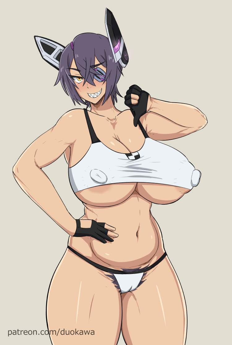 1girl areola areola_slip bangs blush breasts cameltoe cleavage collarbone cowboy_shot duo_kawa eye_patch female_only female_pubic_hair fingerless_gloves front_view gesture gloves hair_between_eyes hand_on_hip huge_areolae huge_breasts huge_nipples kantai_collection looking_at_viewer massive_breasts navel nipple_bulge panties pubic_hair pubic_hair_peek purple_hair sharp_teeth short_hair simple_background slightly_chubby smile solo_female sports_bra standing tenryuu_(kantai_collection) thick_thighs thumbs_down under_boob underboob url voluptuous white_panties yellow_eyes