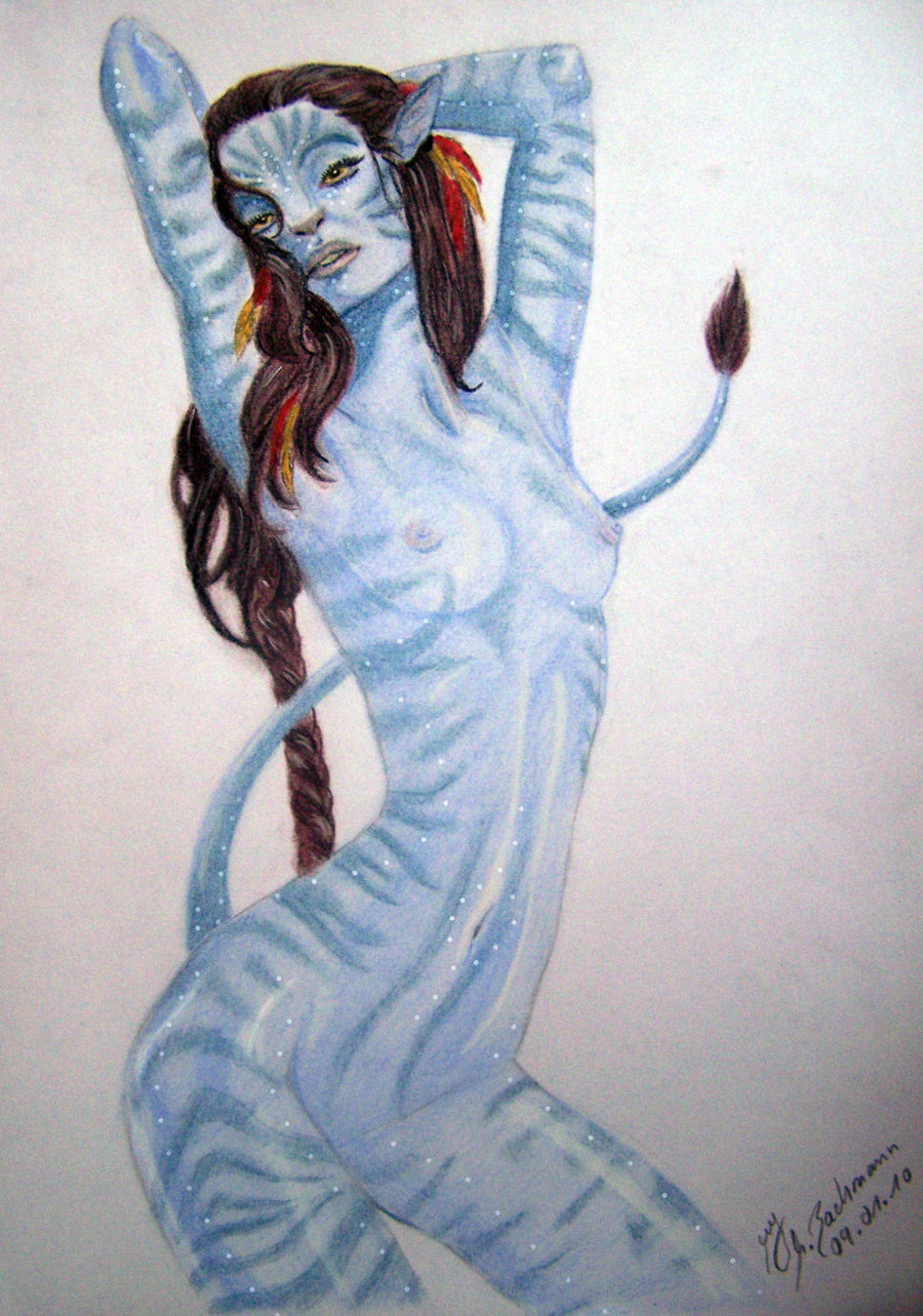 1_alien 1_female 1_girl 2010 alien arms_above_head avatar avatar_(movie) black_hair blue_skin breasts female female_alien female_na'vi hair james_cameron's_avatar long_hair looking_at_viewer na'vi navel neytiri nipples nude pose raised_tail small_breasts solo standing tail yellow_eyes
