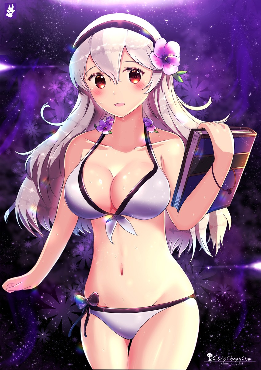 1girl 1girl alluring alternate_costume artist_logo artist_name ass_visible_through_thighs bad_id bad_pixiv_id bikini blush book breasts chinchongcha cleavage collarbone corrin_(fire_emblem) corrin_(fire_emblem)_(female) cowboy_shot female_protagonist fire_emblem fire_emblem_fates fire_emblem_heroes floral_background flower groin hair_between_eyes hair_flower hair_ornament hairband high_res light_particles long_hair looking_at_viewer medium_breasts midriff navel nintendo open_mouth purple_background red_eyes silver_hair smile swimsuit thigh_gap thighs wet white_bikini wristband