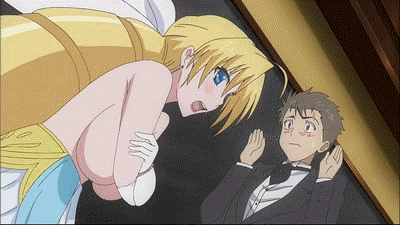 1boy 1girl ahoge angry animated animated_gif blonde_hair blue_eyes blush bouncing_breasts breast_hold breast_slip breasts brown_hair choker closed_eyes covering covering_breasts crossed_arms drill_hair dutch_angle earrings elbow_gloves embarrassed erect_nipples formal gif gloves hair hino_akiharu huge_breasts jewelry ladies_versus_butlers! large_breasts lipstick long_hair lowres makeup necklace nipples open_mouth scar sernia_iori_flameheart suit surprised tears topless twin_drills twintails very_long_hair white_gloves