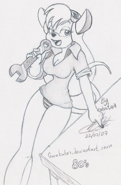 1_female 1girl 2007 anthro anthro_mouse anthro_only chip_'n_dale_rescue_rangers disney female female_anthro female_only furry gadget_hackwrench garabatoz goggles monochrome mouse panties rodent solo standing tool underwear wrench