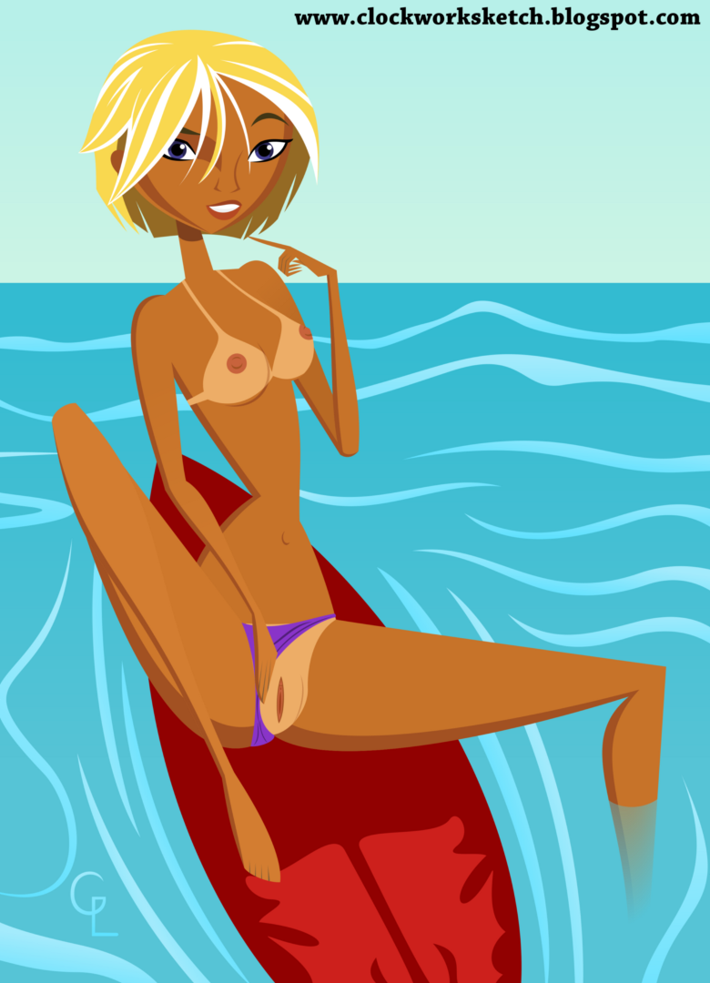 blonde_hair blue_eyes breasts clockwork_(artist) clockworktoons fin_mccloud gemlord hairless_pussy nipples pussy small_breasts stoked tan_line topless uncensored