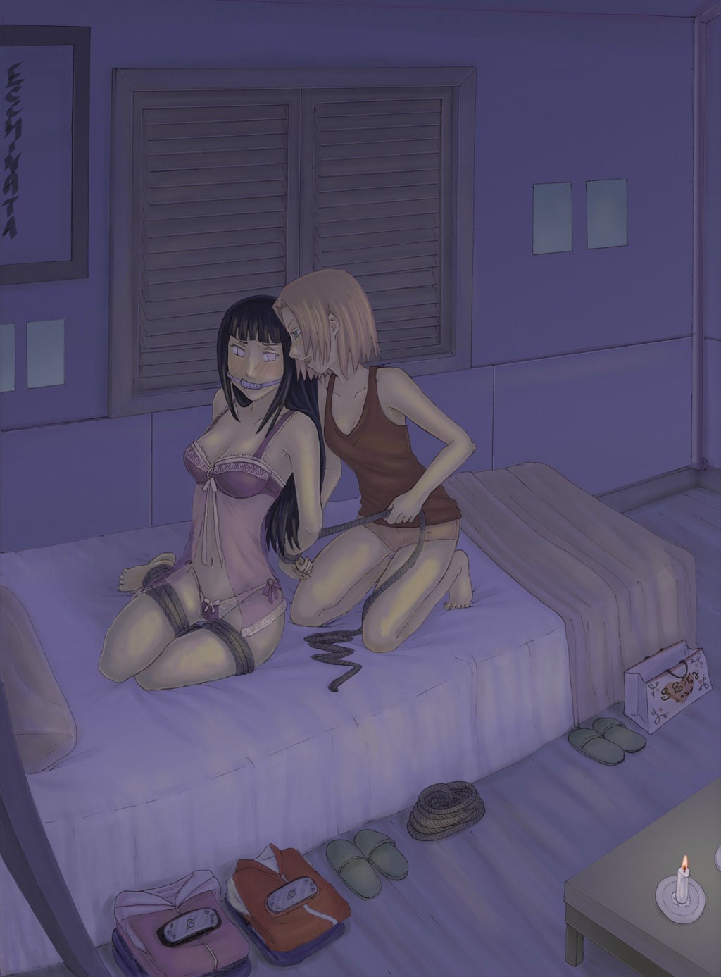 2girls arched_back bad_perspective big_breasts bondage bound breasts candle cleavage clothes clothes_on_floor ecchinata femdom flat_chest gag green_eyes highres hinata_hyuuga indoors large_breasts lingerie multiple_girls naruto naruto_shippuden negligee nightgown panties pink_hair sakura_haruno see-through side-tie_panties slippers underwear white_eyes you_gonna_get_raped yuri