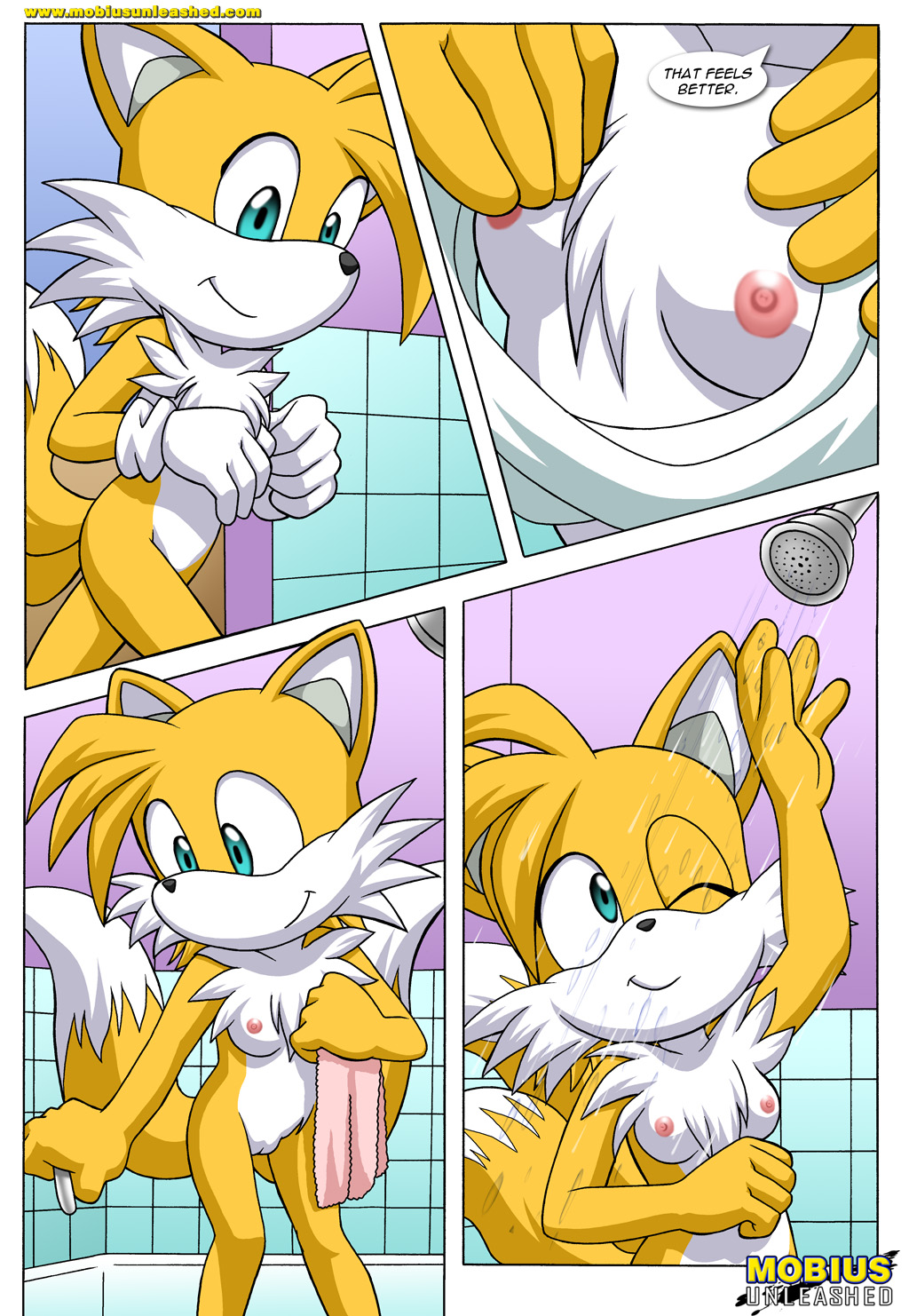 bbmbbf breasts canine comic female female_only fox genderswap miles_"tails"_prower millie_tailsko mobius_unleashed palcomix pussy sega shower solo sonic_(series) sonic_*(series) sonic_the_hedgehog_(series) tail tails_tales text
