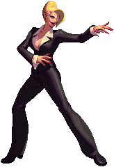 1girl animated animated_gif blonde_hair bouncing_breasts breasts clothes earrings eyepatch eyeshadow fighting_stance formal full_body game gif king_of_fighters king_of_fighters_xii lipstick lowres mature_(kof) polished_nails simple_background snk solo sprite_rip suit