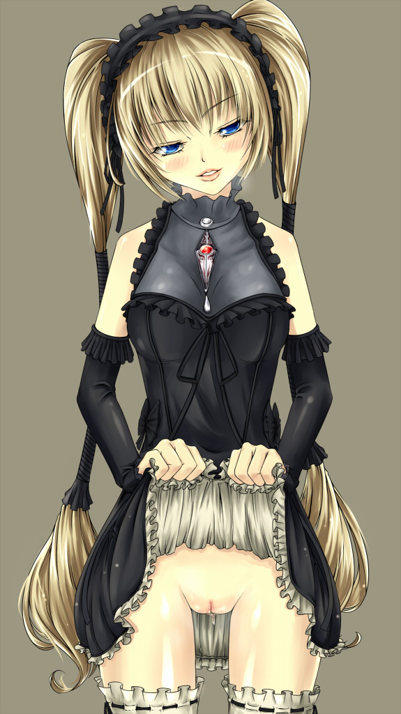 blonde_hair blue_eyes blush ekaterina_kurae elbow_gloves gloves gothic_lolita hairless_pussy lolita_fashion no_panties pussy pussy_juice seikon_no_qwaser skirt skirt_lift solo twin_tails twintails uncensored upskirt